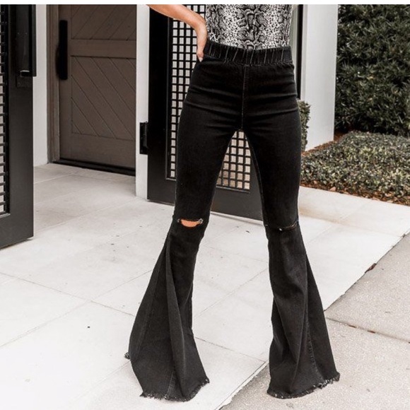 Back to Black Flare Jeans - Pull on Black Distressed Slit Knee Denim Bell Bottom - Picture 2 of 10